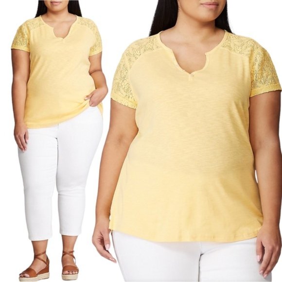 NWT Chaps Plus Lace-Panel Cotton Top 2X Yellow NWT New - Picture 1 of 12